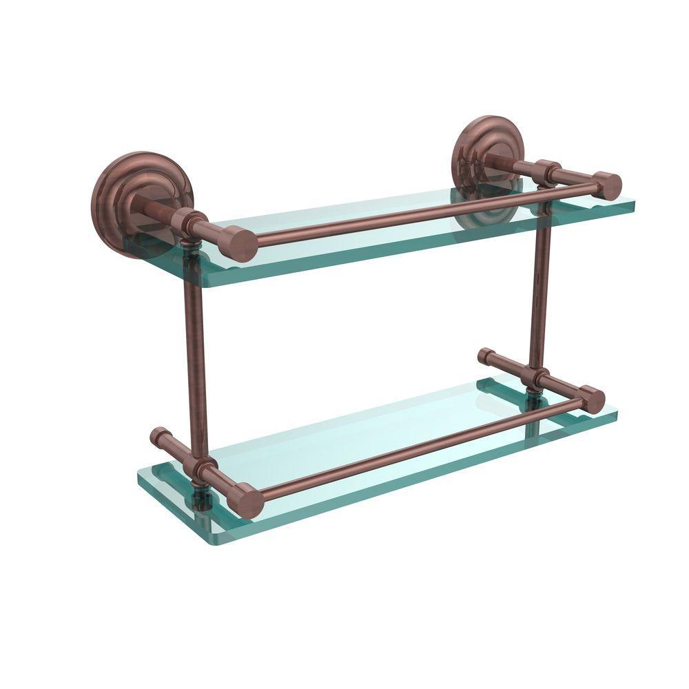 Que New 16 in. L x 8 in. H x 5 in. W 2-Tier Clear Glass Bathroom Shelf with Gallery Rail in Brushed Bronze - Super Arbor