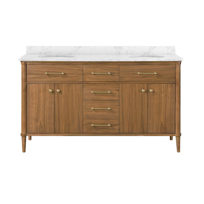 allen + roth Rian 60-in Walnut Undermount Double Sink Bathroom Vanity with White Engineered Stone Top
