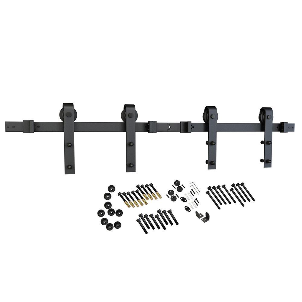 137.75 in. Black Solid Steel Barn Door Hardware Kit for Double Wood Doors with Adjustable Floor Guides (2-Piece Rails) - Super Arbor