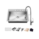 All-in-One Drop-In Stainless Steel 32 in. 4-Hole Single Bowl Kitchen Workstation Sink with Faucet and Accessories - Super Arbor