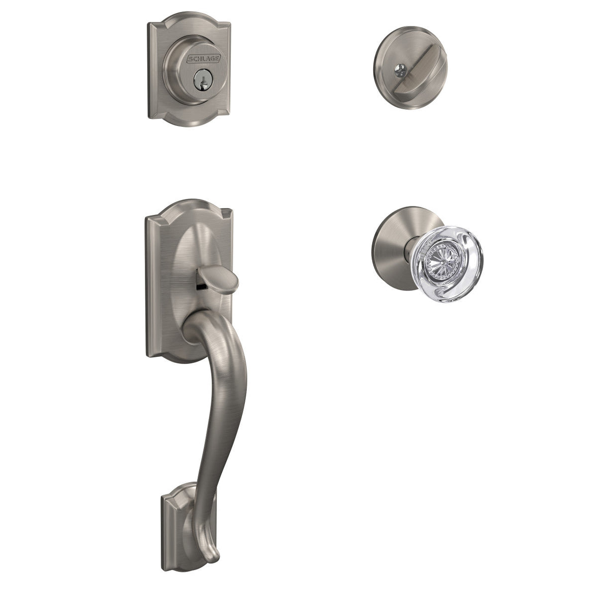 Schlage Custom Camelot Satin Brass Single Cylinder Door Handleset with Hobson Glass Door Knob