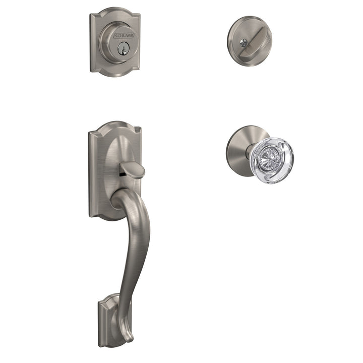 Schlage Custom Camelot Satin Brass Single Cylinder Door Handleset with Hobson Glass Door Knob