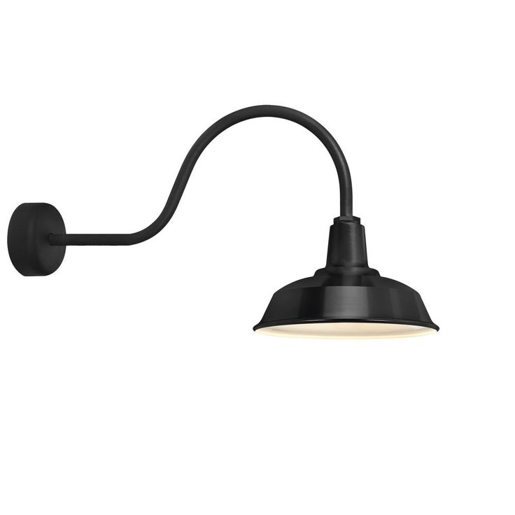 Heavy-Duty 16 in. Shade 30 in. Arm 1-Light Black Gloss White Lens Outdoor Wall Mount Sconce