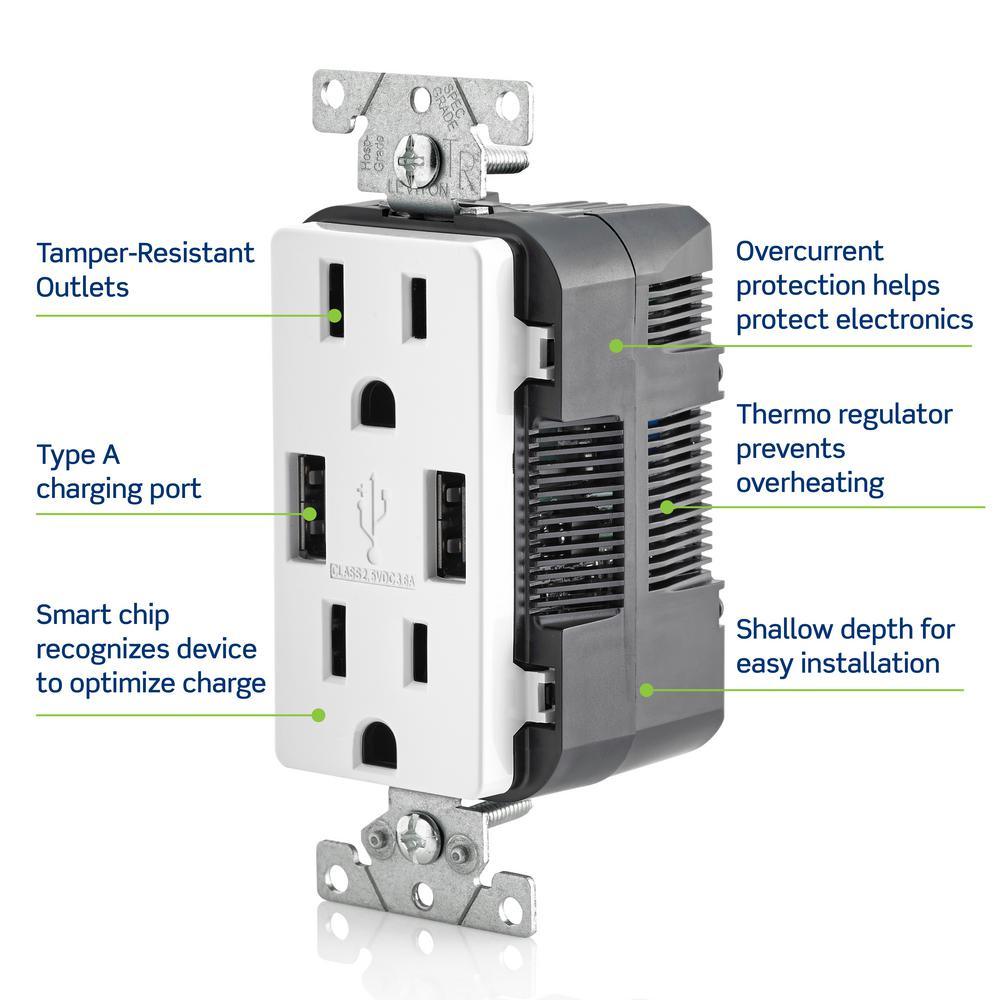 3.6A USB Dual Type A In-Wall Charger with 15 Amp Tamper-Resistant Outlets, Brown - Super Arbor