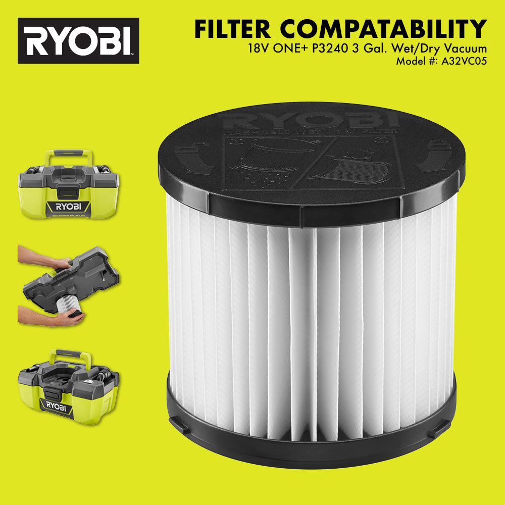 RYOBI 18V ONE+ 3 Gal. Wet/Dry Vacuum Replacement Filter for Model P3240 (A32VC05)