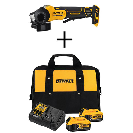 DEWALT 20-Volt Li-Ion Cordless Brushless 4-1/2 in. Small Angle Grinder(Tool-Only) with 20-V Battery 5Ah (2-Pack), Charger & Bag - Super Arbor