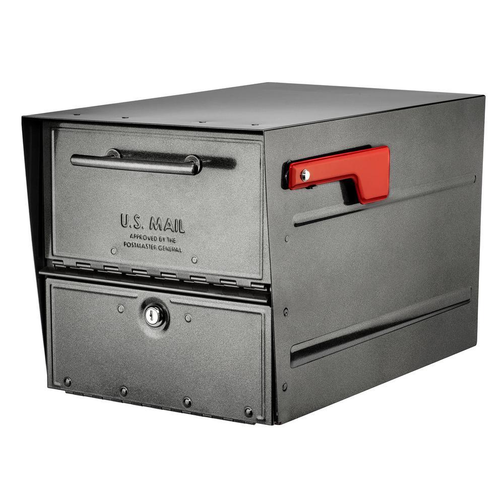 Oasis Eclipse Rubbed Bronze Post Mount Locking Parcel Mailbox with Silver Flag - Super Arbor