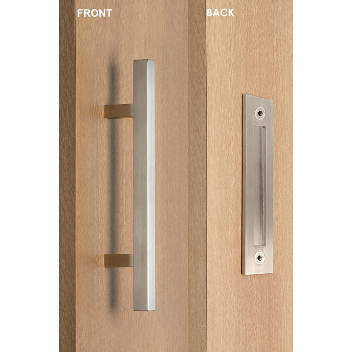 Contemporary 12 in. Brushed Satin Square Pull and Flush sliding barn door handle - Super Arbor