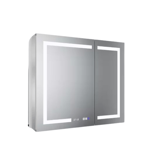 36 in. W x 32 in. H Rectangular Silver Aluminum Recessed/Surface Mount Medicine Cabinet with Mirror, LED and Clock