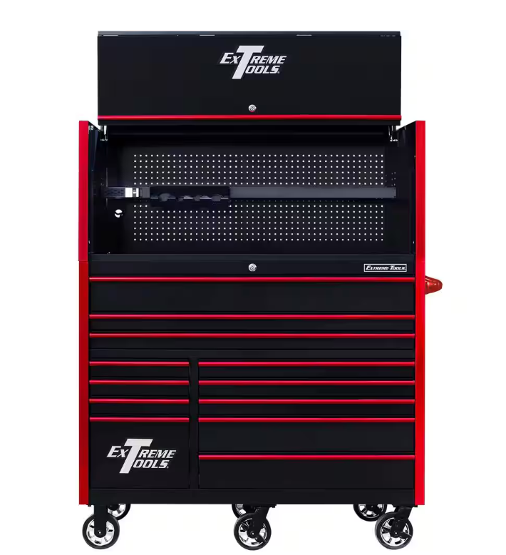 RX Series 55 in. Extreme Power Workstation Hutch 12-Drawer Roller Cabinet Combo, 150 lbs. Slides, Black Red Dr Pulls