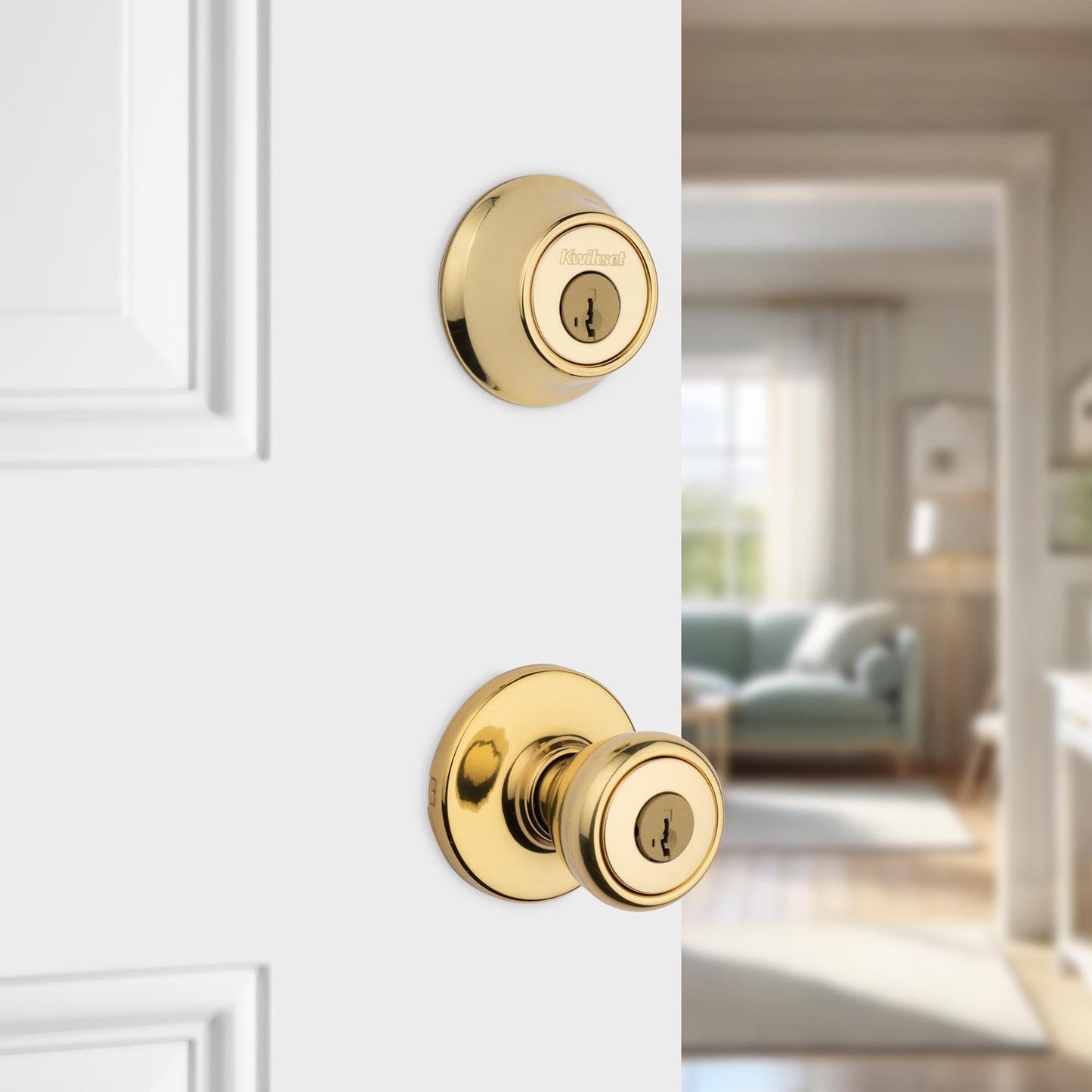 Kwikset Tylo Polished Brass Entry Lock and Double Cylinder Deadbolt, ANSI/BHMA Grade 3, 1-3/4 in.
