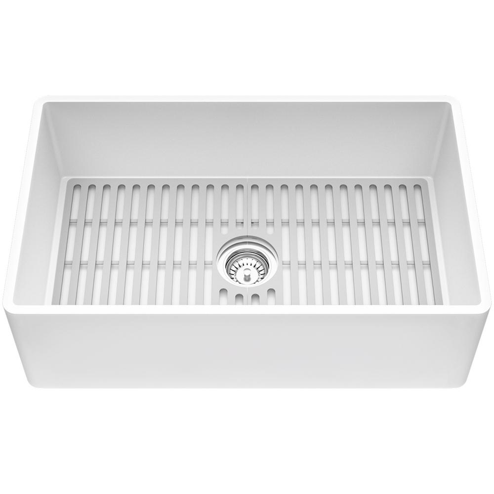 Matte Stone White Composite 33 in. Single Bowl Reversible Flat Farmhouse Apron-Front Kitchen Sink with Strainer - Super Arbor