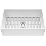 Matte Stone White Composite 33 in. Single Bowl Reversible Flat Farmhouse Apron-Front Kitchen Sink with Strainer - Super Arbor