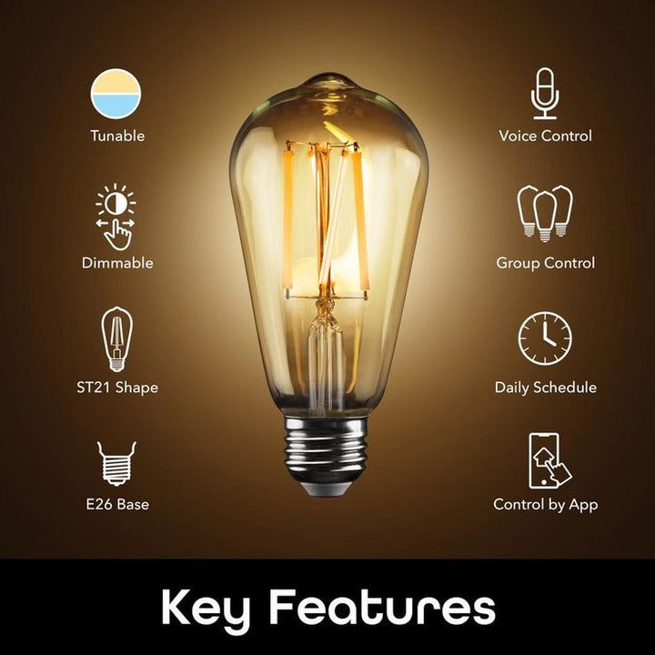 Geeni 60-Watt Equivalent E26 ST21 (ST64) Edison WiFi LED Smart Bulb, 2700K-6500K No Hub Required (2-Pack)