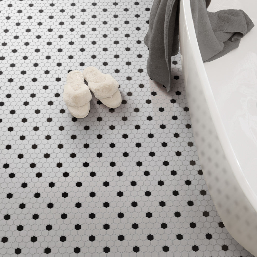 Madison Hex 1 in. Matte Cool White w/ Black Dot 10-1/4 in. x 11-7/8 in. Porcelain Mosaic Tile (8.6 sq. ft./Case)