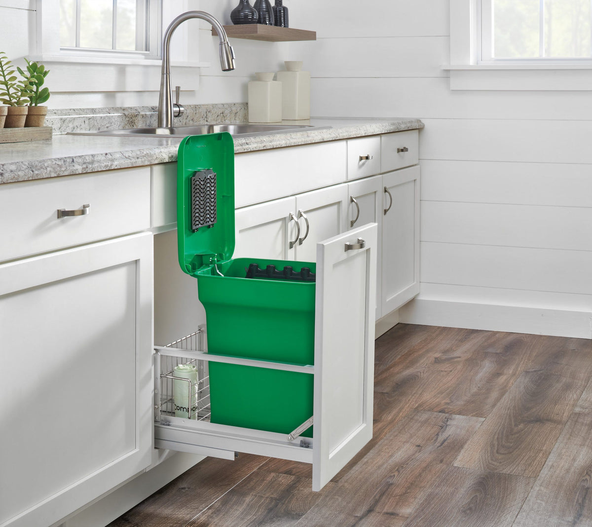 Rev-A-Shelf 35-Quart Plastic Soft-Close Pull-Out Trash Can – Aluminum Bottom-Mount, Green Odor-Reducing Bin (5349-18CKOG-2)