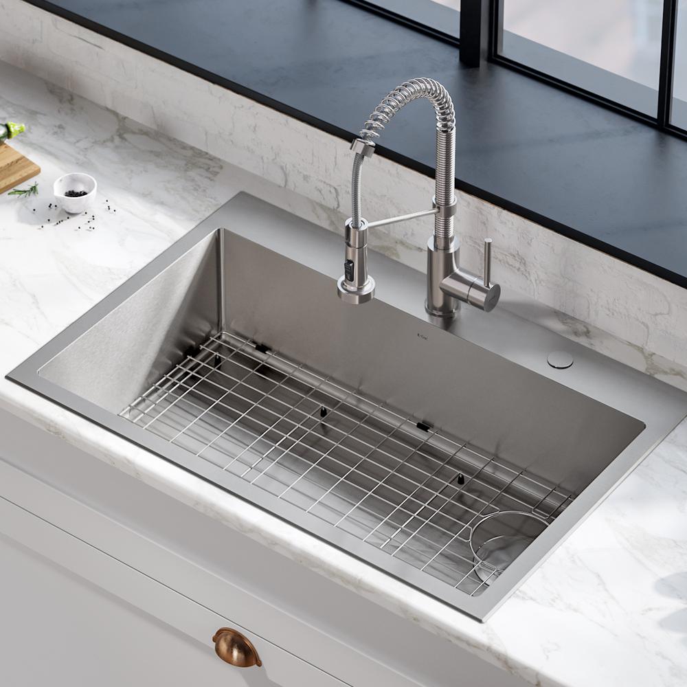 Loften All-in-One Dual Mount Drop-In Stainless Steel 33 in. 2-Hole Single Bowl Kitchen Sink with Pull Down Faucet