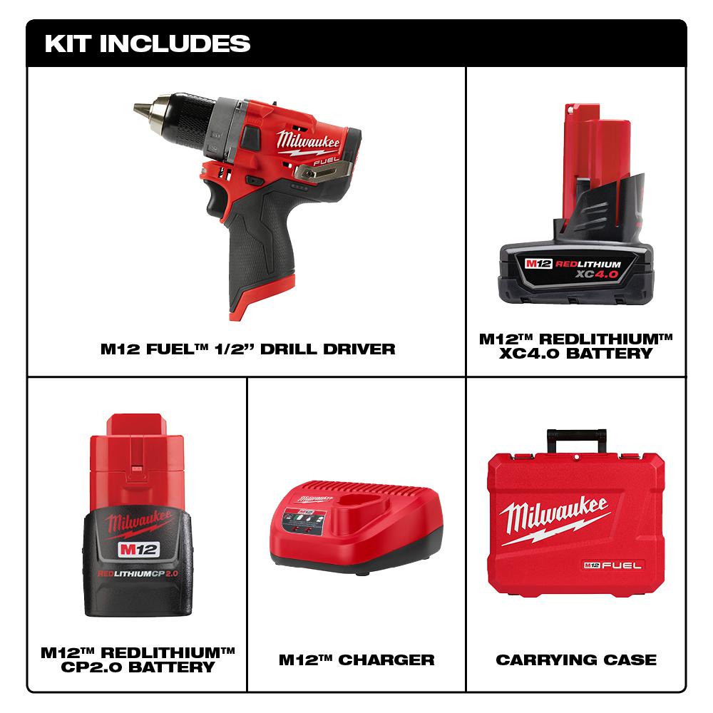 M12 FUEL 12-Volt Lithium-Ion Brushless Cordless 1/2 in. Drill Driver Kit W/ 4.0Ah & 2.0Ah Battery & Hard Case - Super Arbor