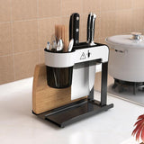 Black Stainless Steel Utensil and Cutlery Rack Kitchen Organizer Drip Tray Knife Storage Block with Cutting-board Holder