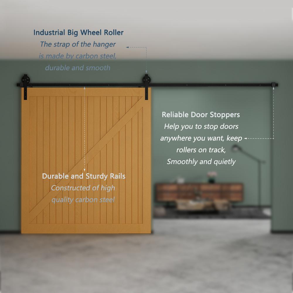 12 ft./144 in. Black Sliding Barn Door Track and Hardware Kit with Bigwheel J Shape Hanger for Single Door - Super Arbor