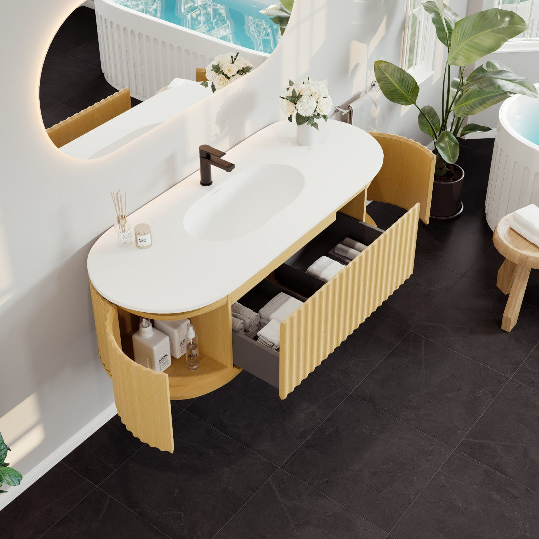 Eviva Haven 55"W x 22"D Natural Oak Wall Mount Bathroom Vanity with White Solid Surface Countertop and Integrated Sink