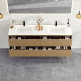 Eviva Lotus 59"W x 19"D Natural Oak Wall Mount Double Sink Bathroom Vanity with White Solid Surface Countertop and Integrated Sinks