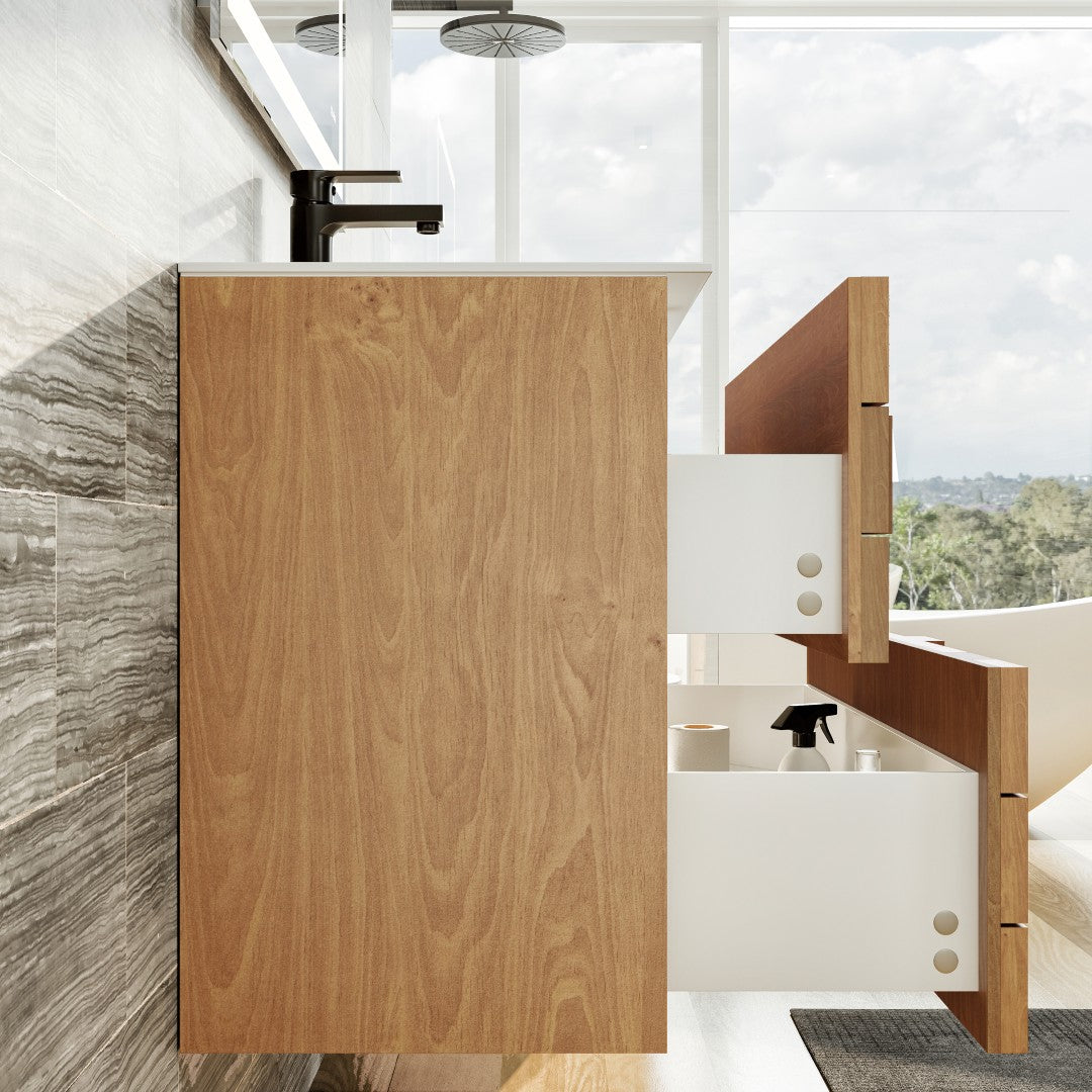 Eviva Mosaic 33"W x 20"D Natural Oak Wall Mount Bathroom Vanity with White Solid Surface Countertop and Integrated Sink