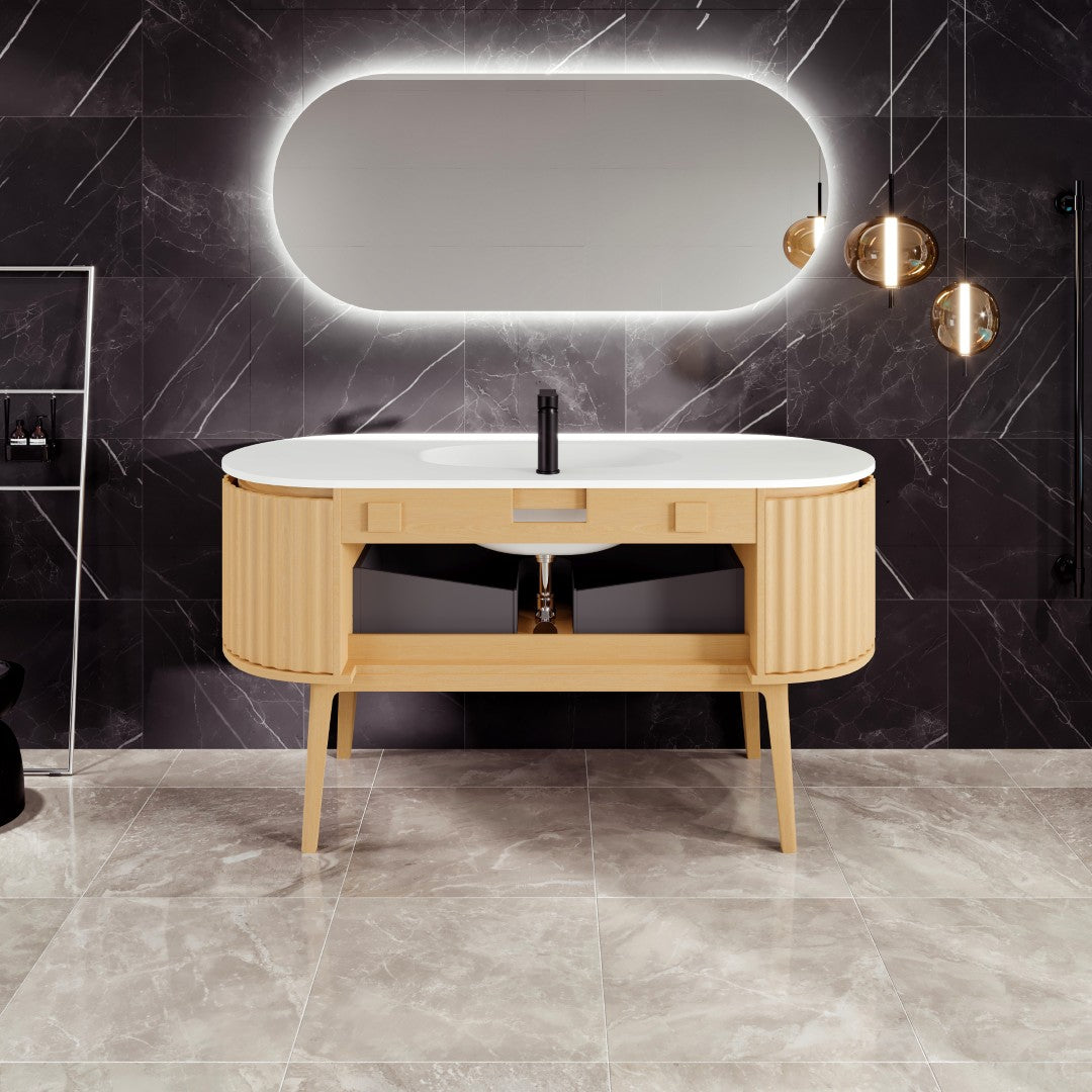 Eviva Haven 55"W x 22"D Natural Oak Bathroom Vanity with White Solid Surface Countertop and Integrated Sink