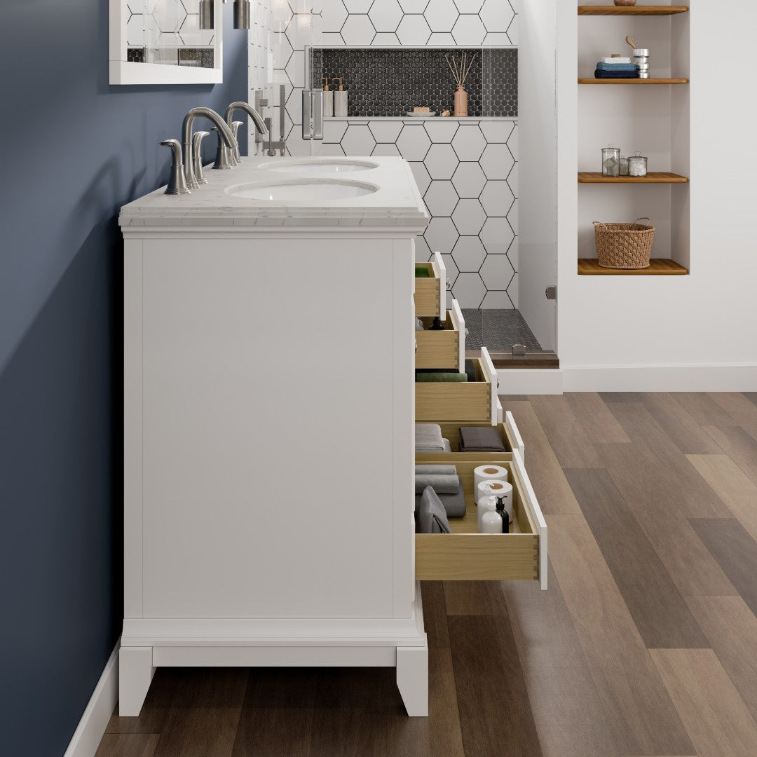 Eviva Elite Stamford 48 in. W x 24 in. D x 34 in. H Double Bath Vanity in White with White Carrara Top and Undermount White Sinks