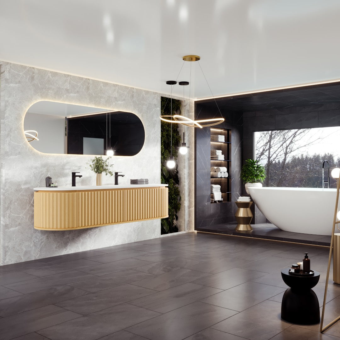 Eviva Haven 71"W x 22"D Natural Oak Wall Mount Double Sink Bathroom Vanity with White Solid Surface Countertop and Integrated Sinks