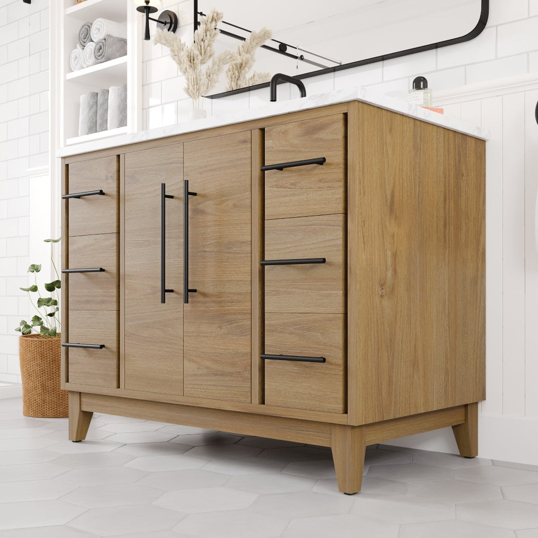 Eviva Graham 42"W x 22"D Oak Bathroom Vanity with White Arabescato Engineered Stone Countertop and Undermount Ceramic Sink