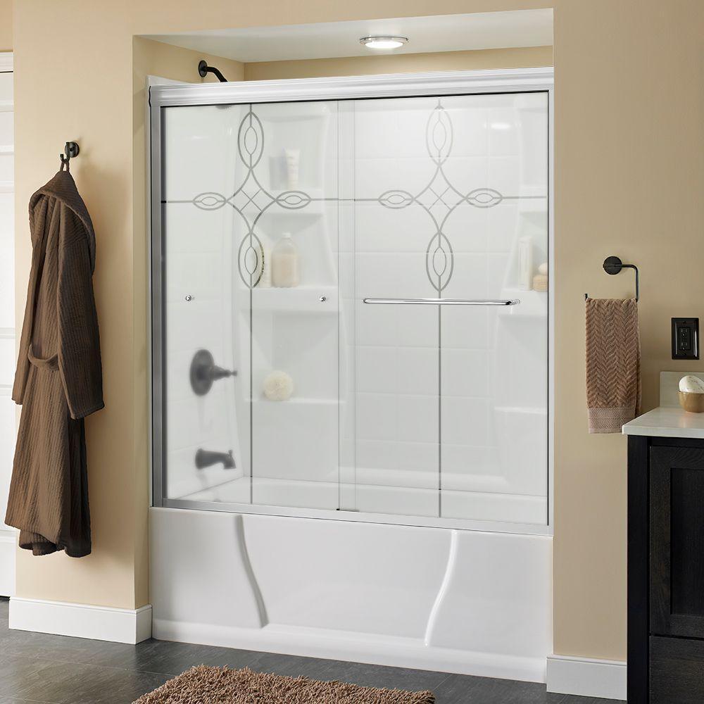 Simplicity 60 in. x 58-1/8 in. Semi-Frameless Traditional Sliding Bathtub Door in Bronze with Droplet Glass - Super Arbor