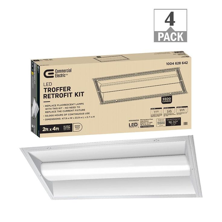 Commercial Electric 2 ft. x 4 ft. 100-Watt Equivalent Integrated LED White Troffer Light Kit Retrofit 5500 Lumen 4000K Bright White (4-Pack)