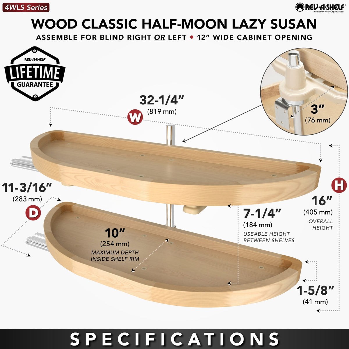 Rev-A-Shelf 4WLS Series Classic Wood Half-Moon 2-Shelf Lazy Susan – 32 in