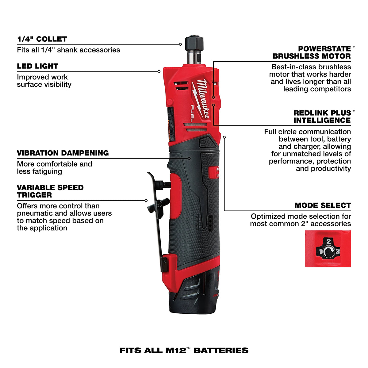 Milwaukee M12 FUEL 12V Lithium-Ion Brushless Cordless 1/4 in. Straight Die Grinder Kit with (2) 2.0Ah Batteries and (1) 5.0Ah Battery