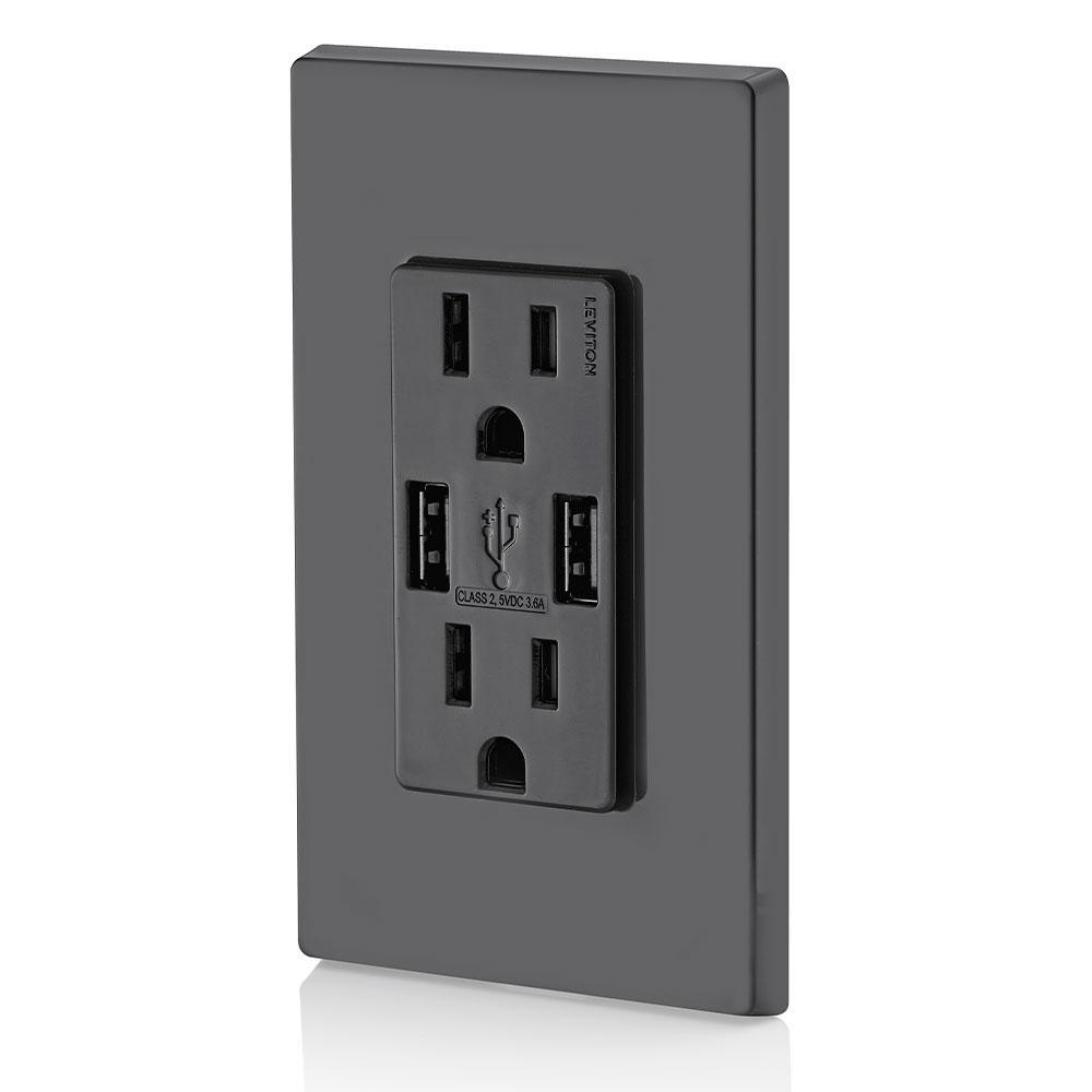 3.6A USB Dual Type A In-Wall Charger with 15 Amp Tamper-Resistant Outlets, Black - Super Arbor