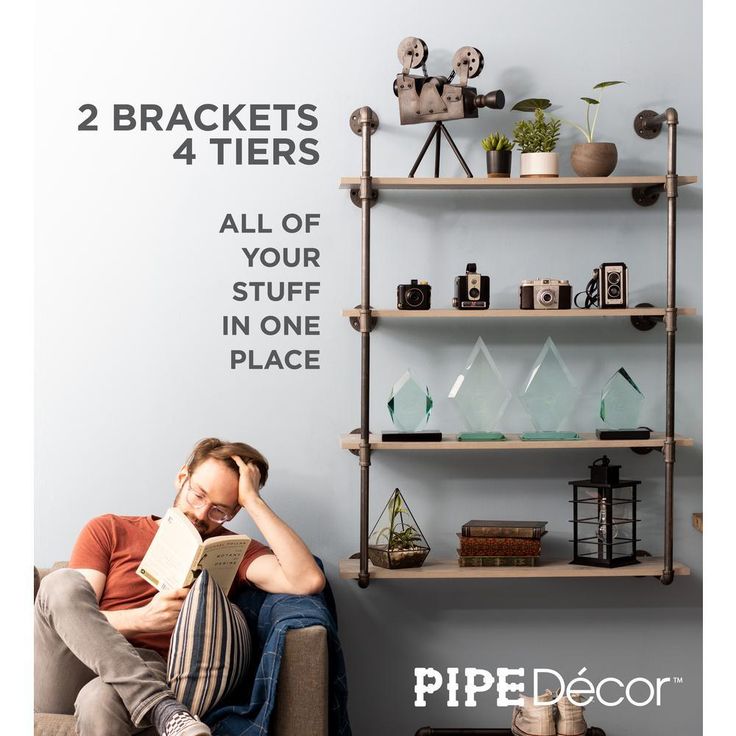 1/2 in. Black Pipe 11.75 in. D x 48.5 in. H Wall Mounted 4-Tier Shelf Kit