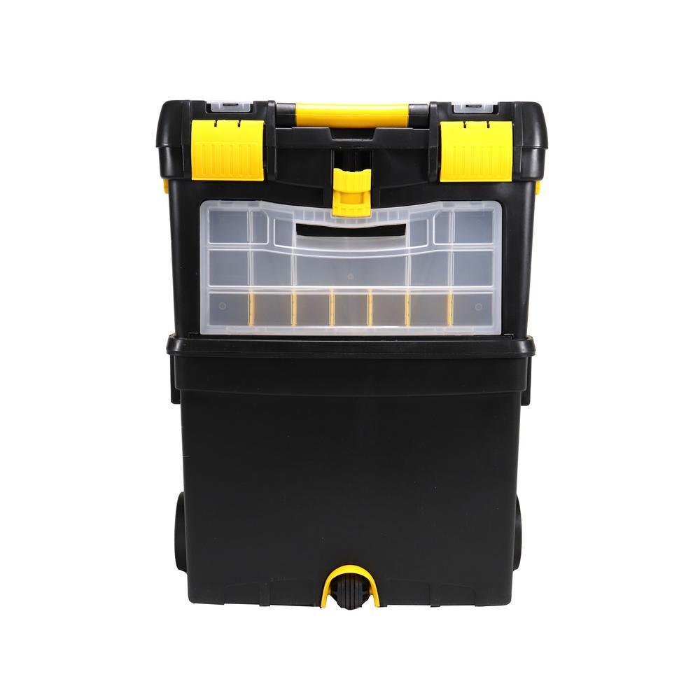 9-1/2 in. and 12-3/4 in. D (2-Tiered) Storage Toolbox with Foldable Auto-Locking Handle in Black - Super Arbor