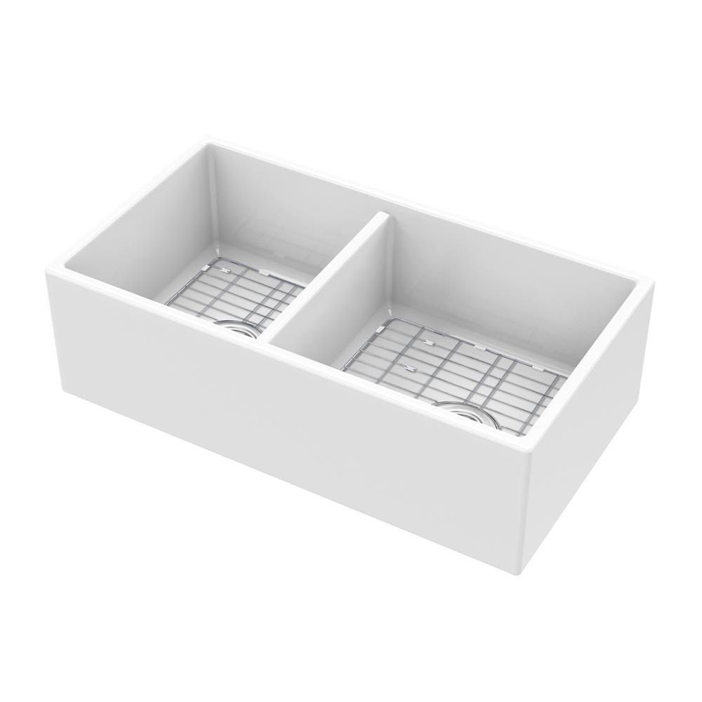 Farmhouse Apron Front Fireclay 33 in. 40/60 Double Bowl Kitchen Sink in White with Grids and Strainers - Super Arbor