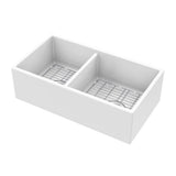 Farmhouse Apron Front Fireclay 33 in. 40/60 Double Bowl Kitchen Sink in White with Grids and Strainers - Super Arbor
