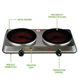 Double Burner 7.5 in. Silver Hot Plate with Temperature Control and Non-Slip Feet