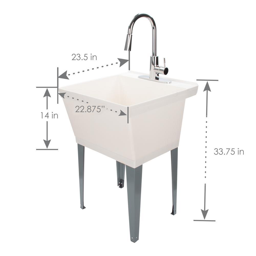Complete 22.875 in. x 23.5 in. White 19 Gal. Utility Sink Set with Metal Hybrid Chrome High Arc Pull-Down Faucet - Super Arbor