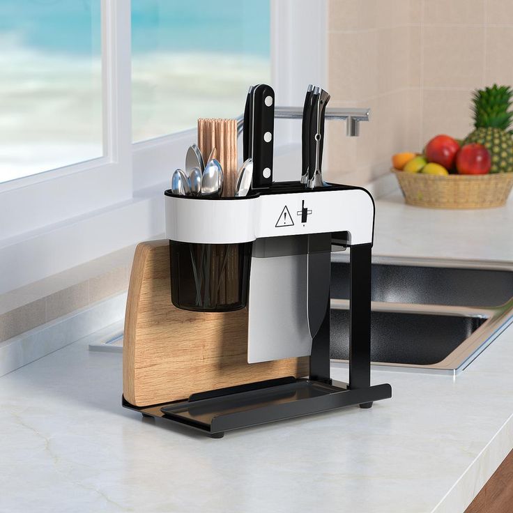 Black Stainless Steel Utensil and Cutlery Rack Kitchen Organizer Drip Tray Knife Storage Block with Cutting-board Holder