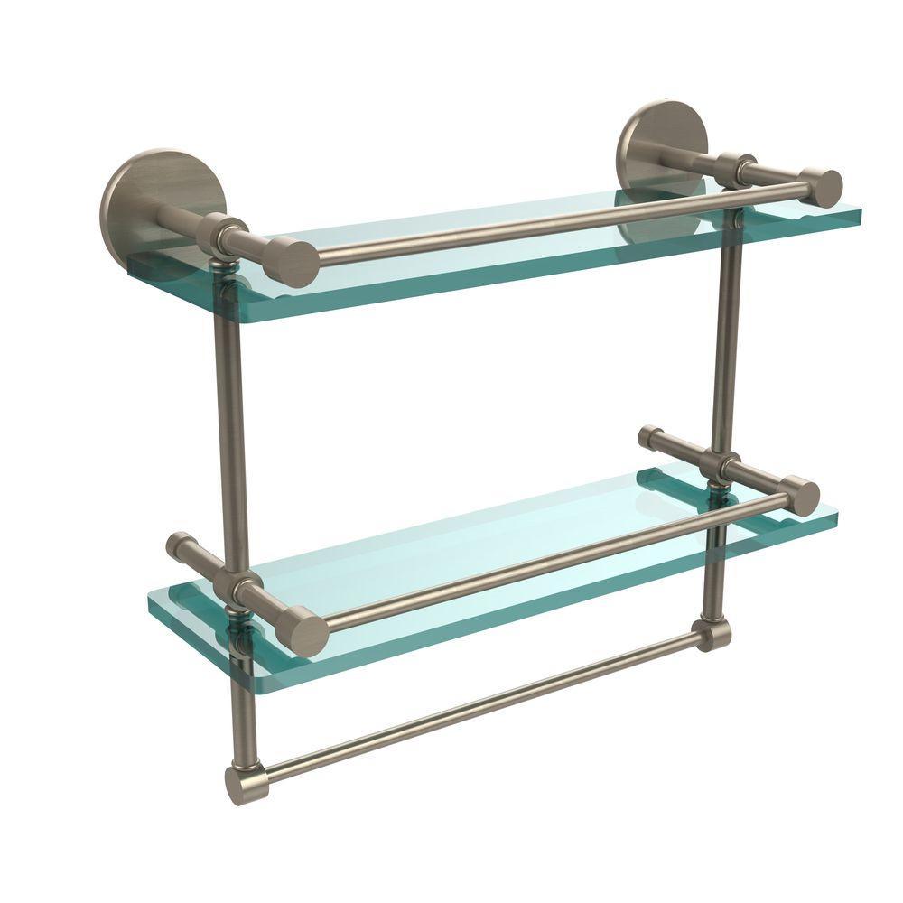 16 in. L  x 12 in. H  x 5 in. W 2-Tier Gallery Clear Glass Bathroom Shelf with Towel Bar in Matte Black - Super Arbor