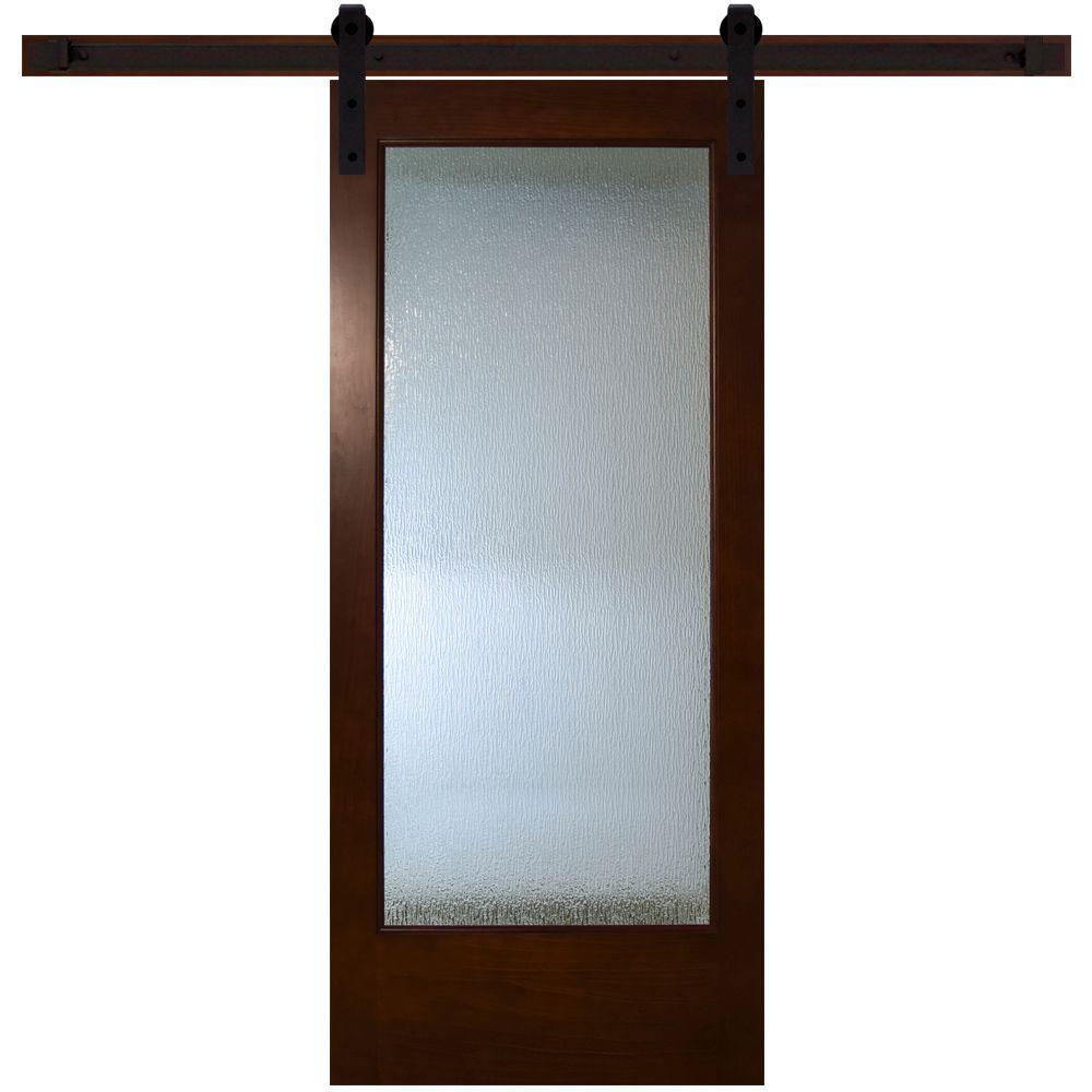 30 in. x 84 in. Modern Full Lite Rain Glass Stained Pine Interior Sliding Barn Door with Hardware Kit - Super Arbor