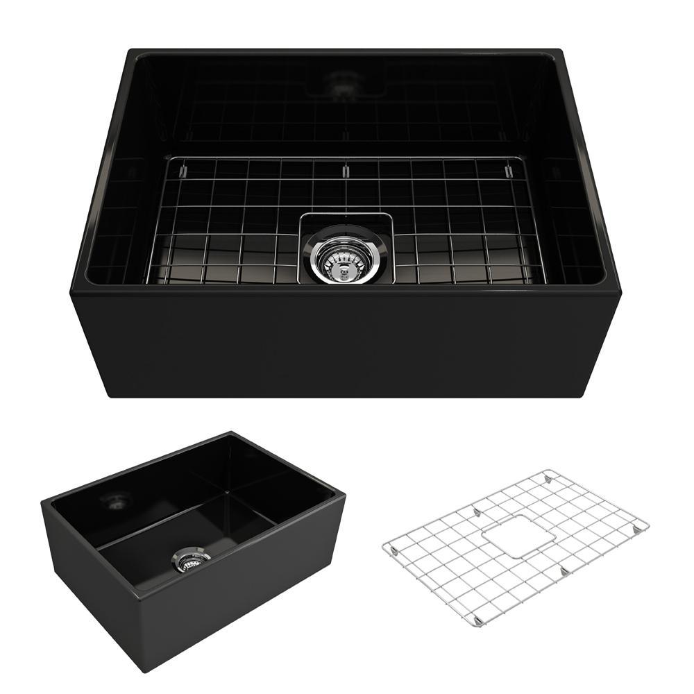 Contempo Farmhouse Apron Front Fireclay 27 in. Single Bowl Kitchen Sink with Bottom Grid and Strainer in White - Super Arbor