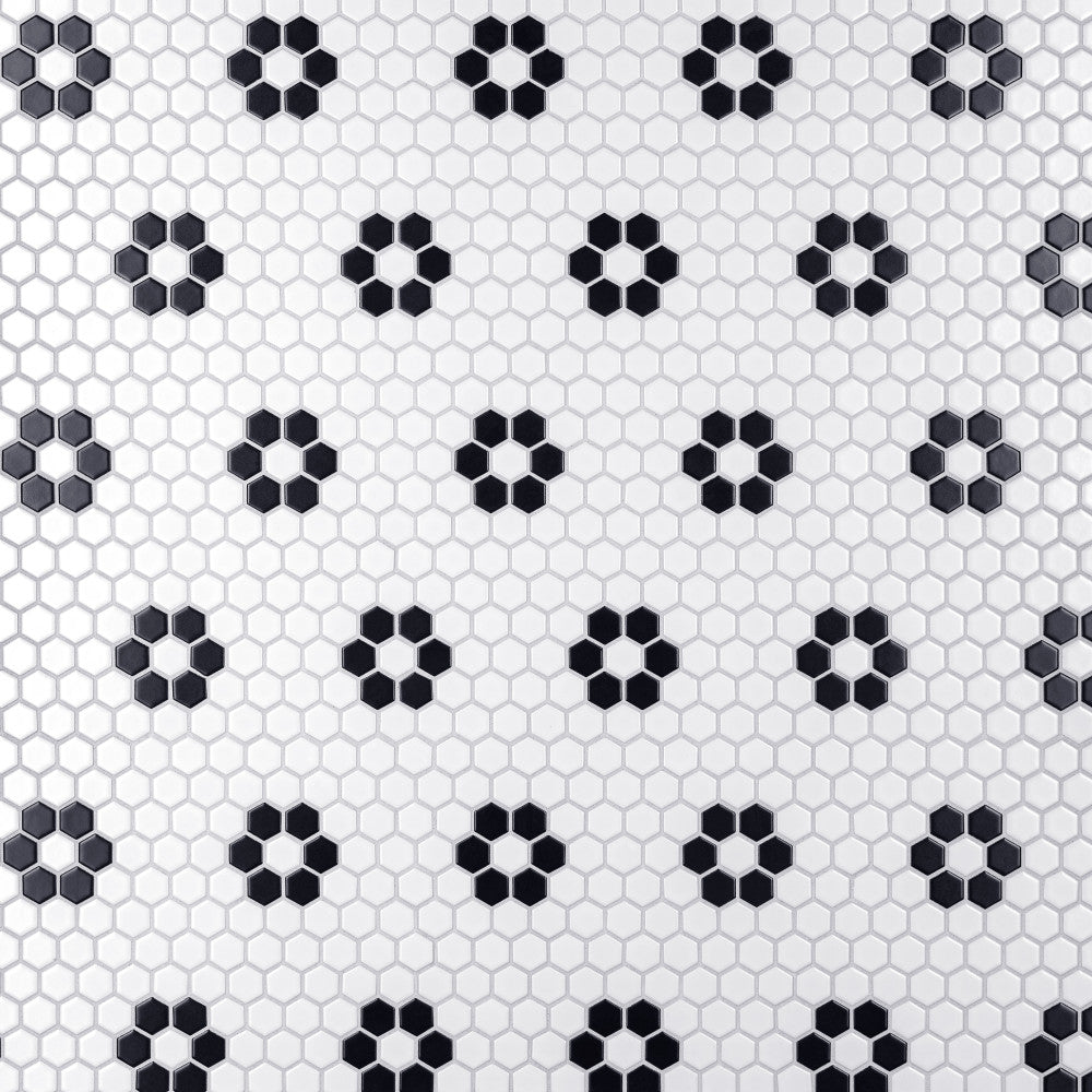 Merola Tile Metro Hex Matte White with Flower Porcelain Mosaic Tile, 10-1/4 in. x 11-7/8 in., 6mm (8.56 sq. ft./Case)