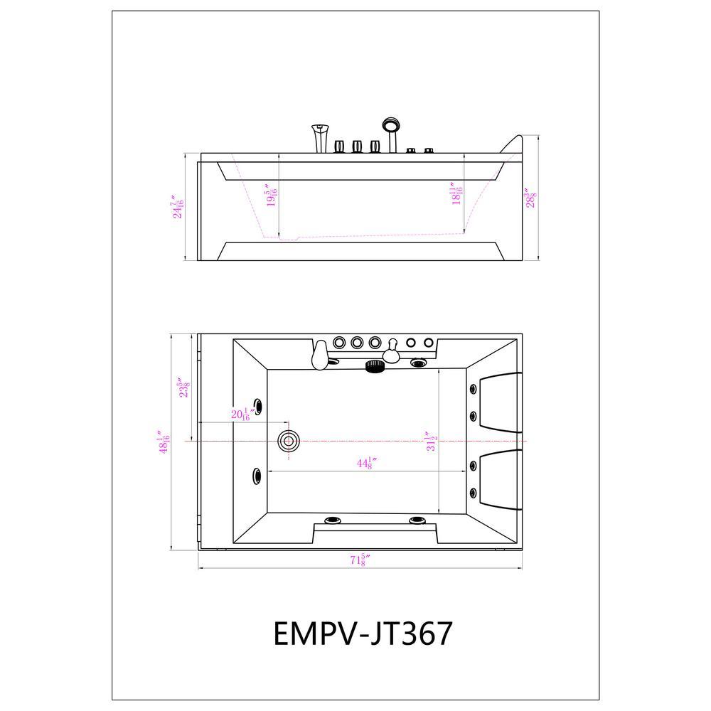 72 in. Acrylic Flatbottom Whirlpool Bathtub in White - Super Arbor