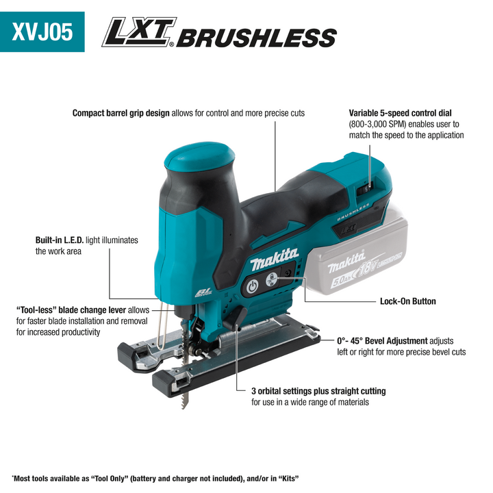 Makita 18V LXT Lithium‑Ion Brushless Cordless Barrel Grip Jig Saw, Tool‑Only + Bonus 18V LXT 5.0Ah Battery