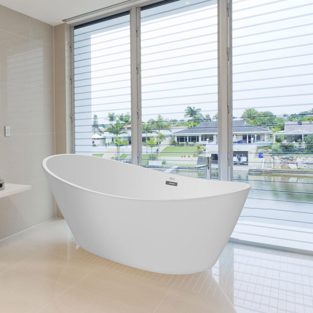 69 in. Acrylic Freestanding Bathtub Flatbottom Stand Alone Tub with Contemporary Modern Design in Glossy White - Super Arbor